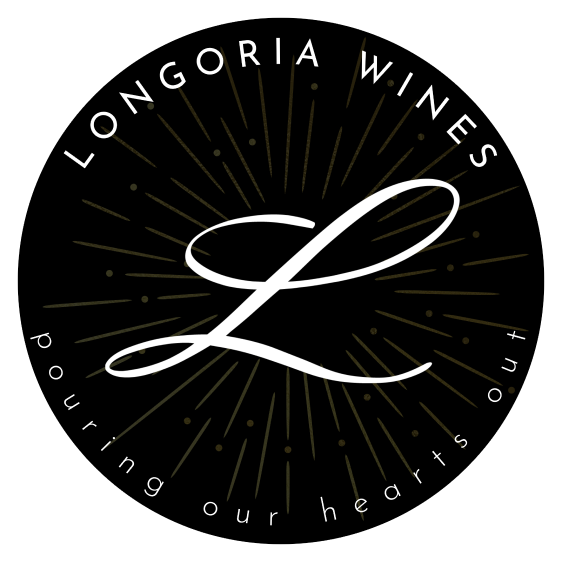 Longoria wines logo in a black circular medallion with "pouring our hearts out" on the bottom in gold